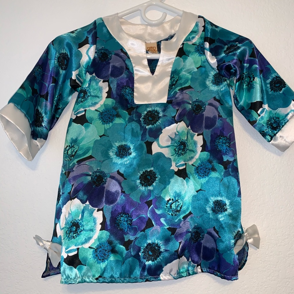 BMB COUTURE DRESS FLORAL SATIN SILKY BOWS 4T/5Y KIMONO